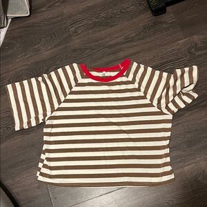 Women's Striped Brown and Cream Tee with Red Neckline
